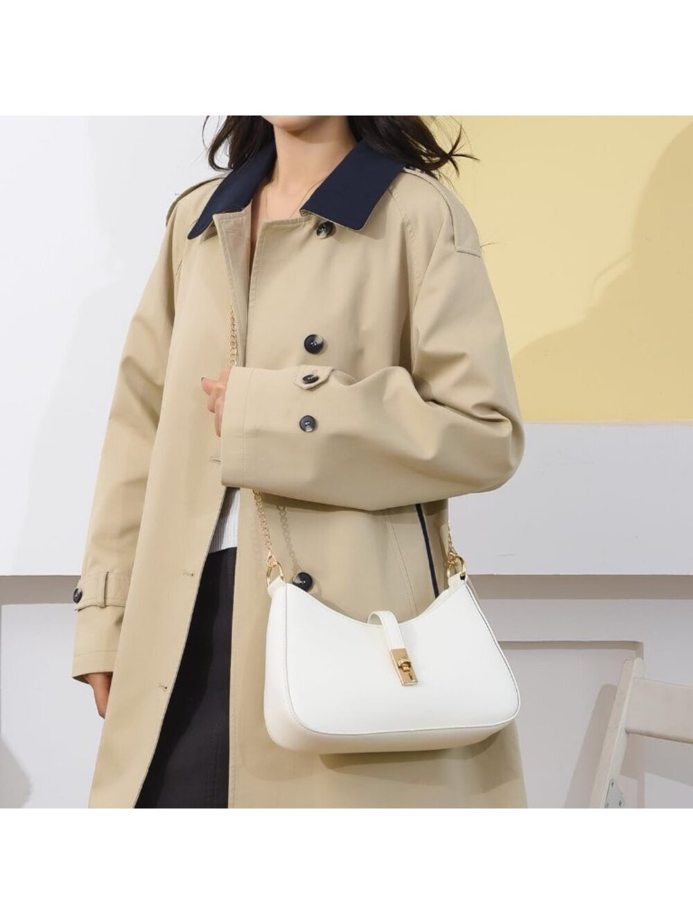 Women's White Premium Vegan Leather Twist Lock Crossbody Shoulder Bag - Picture 2 of 6